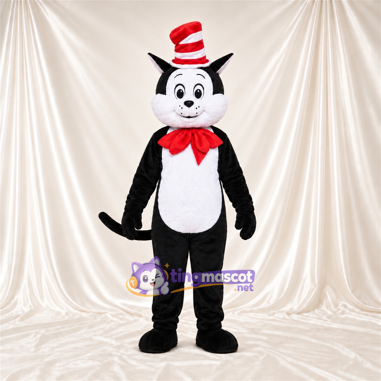 Black and White Cat Mascot Costume - Red Bow Tie and Striped Top Hat Black and White Cat Mascot Costume - Red Bow Tie and Striped Top Hat
