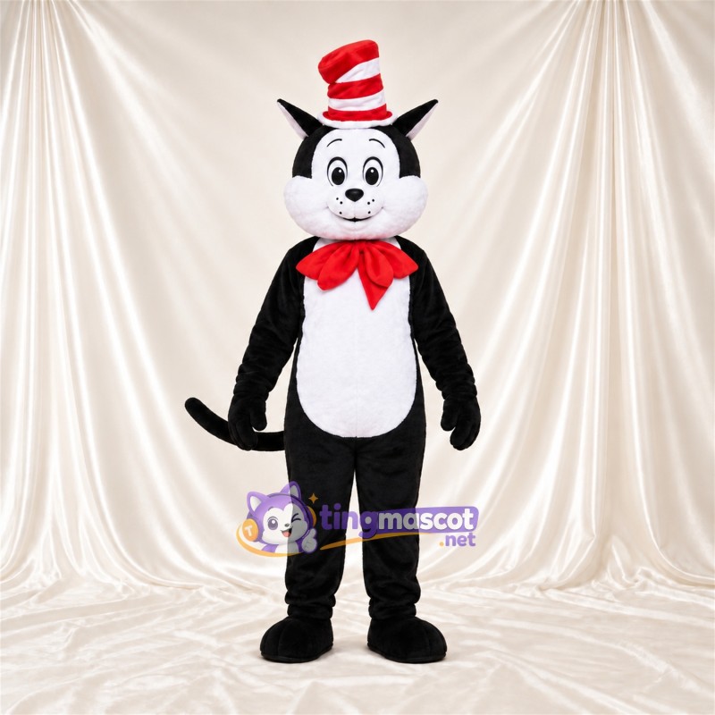 Black and White Cat Mascot Costume - Red Bow Tie and Striped Top Hat Black and White Cat Mascot Costume - Red Bow Tie and Striped Top Hat