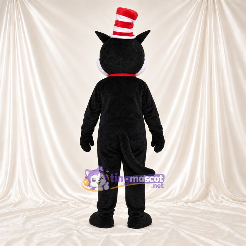 Black and White Cat Mascot Costume - Red Bow Tie and Striped Top Hat Black and White Cat Mascot Costume - Red Bow Tie and Striped Top Hat
