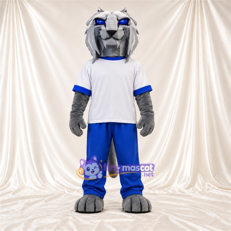 Costume de mascotte Chat sauvage – gris – Chemise (blanc); Pantalon (bleu) Costume de mascotte Chat sauvage – gris – Chemise (blanc); Pantalon (bleu)