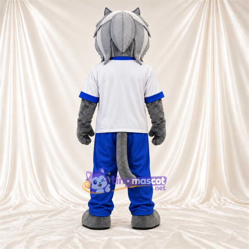 Costume de mascotte Chat sauvage – gris – Chemise (blanc); Pantalon (bleu) Costume de mascotte Chat sauvage – gris – Chemise (blanc); Pantalon (bleu)