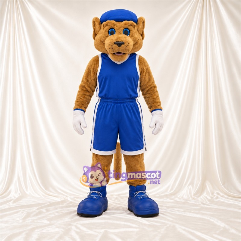 Costume de mascotte Chat – brun clair – Tenue de basket (bleu); Casquette Costume de mascotte Chat – brun clair – Tenue de basket (bleu); Casquette