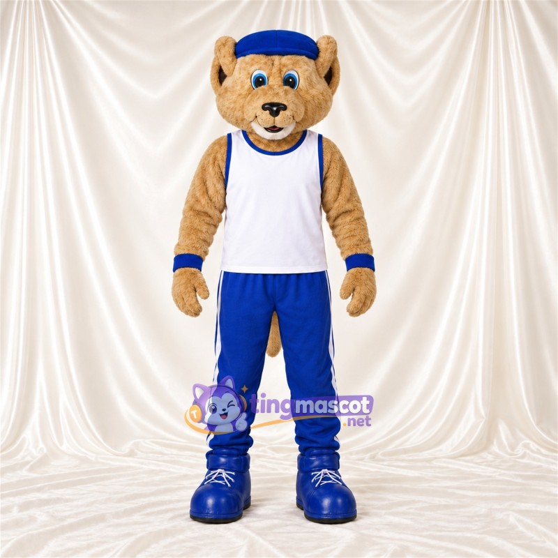 Maskottchenkostüm Katze – hellbraun – Tanktop (weiß); Hose (blau) Maskottchenkostüm Katze – hellbraun – Tanktop (weiß); Hose (blau)