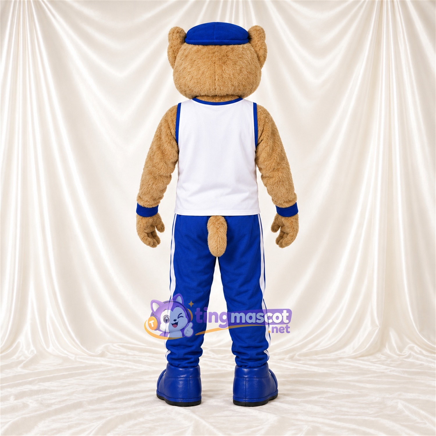 Maskottchenkostüm Katze – hellbraun – Tanktop (weiß); Hose (blau) Maskottchenkostüm Katze – hellbraun – Tanktop (weiß); Hose (blau)