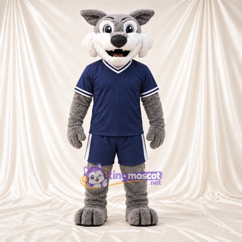 Costume de mascotte Chat sauvage – gris – Tenue de sport (bleu marine) Costume de mascotte Chat sauvage – gris – Tenue de sport (bleu marine)