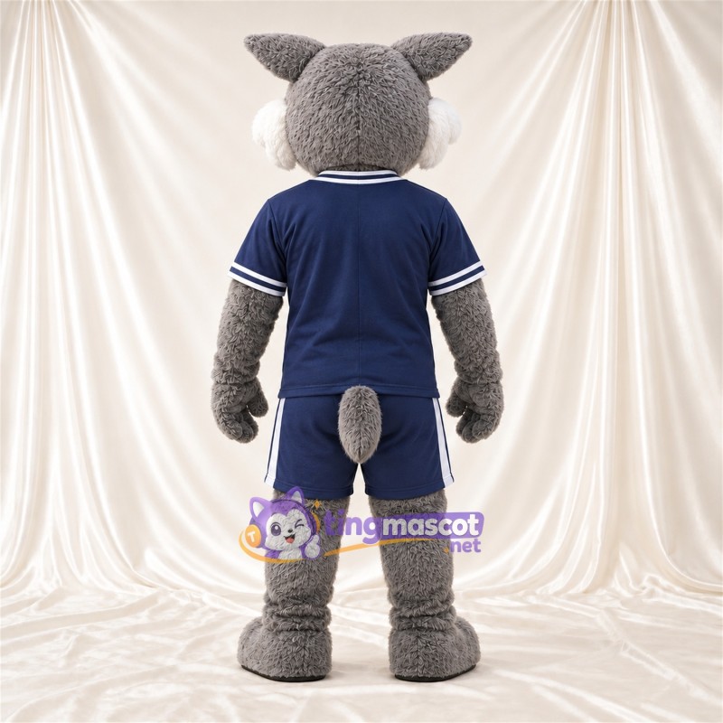 Costume de mascotte Chat sauvage – gris – Tenue de sport (bleu marine) Costume de mascotte Chat sauvage – gris – Tenue de sport (bleu marine)