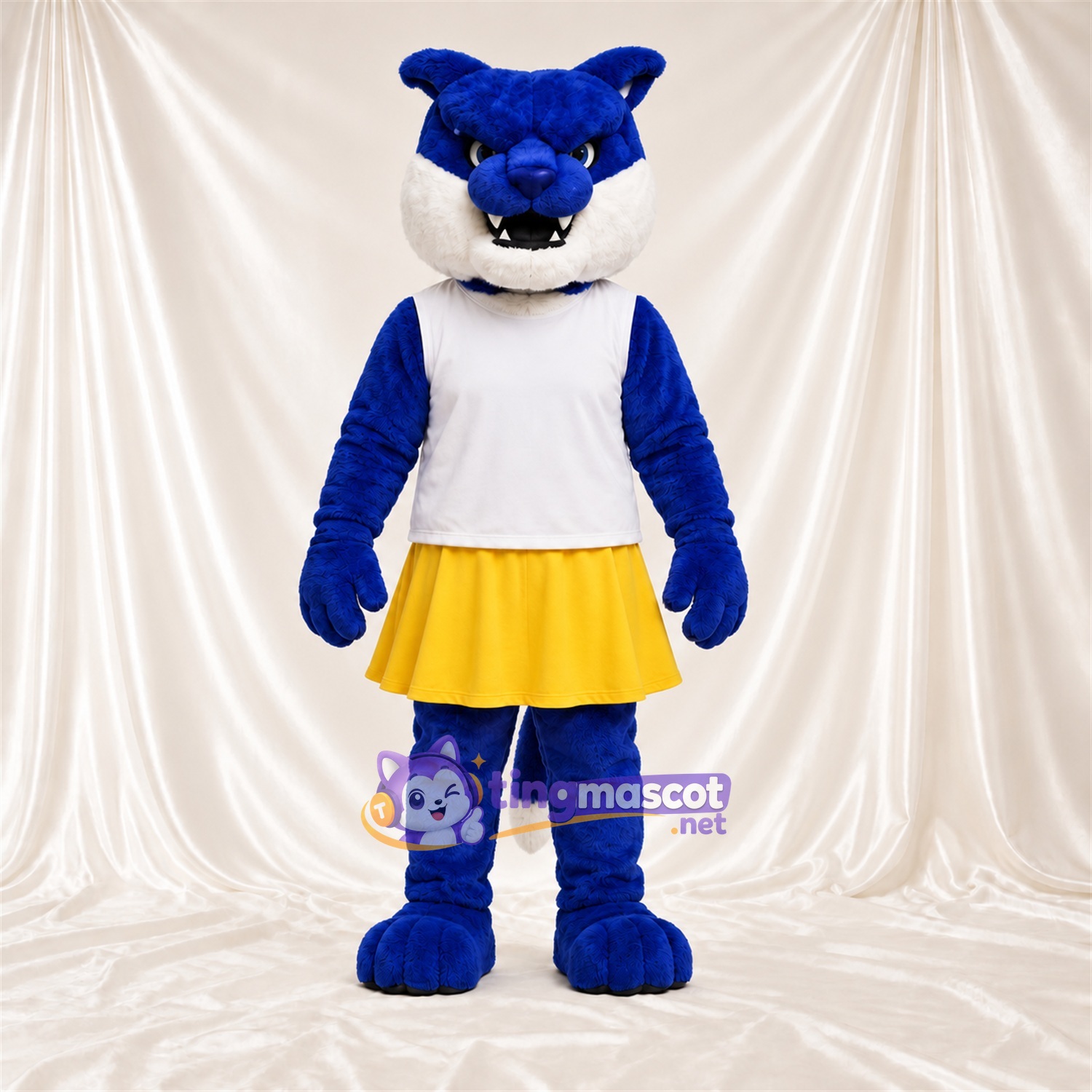 Costume de mascotte Chat sauvage – bleu / blanc – Haut; Jupe (jaune) Costume de mascotte Chat sauvage – bleu / blanc – Haut; Jupe (jaune)