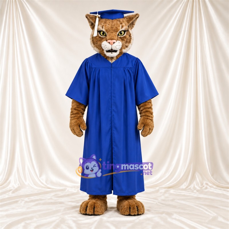 Costume de mascotte Chat sauvage – marron – Toge de diplômé (bleu); Casquette Costume de mascotte Chat sauvage – marron – Toge de diplômé (bleu); Casquette