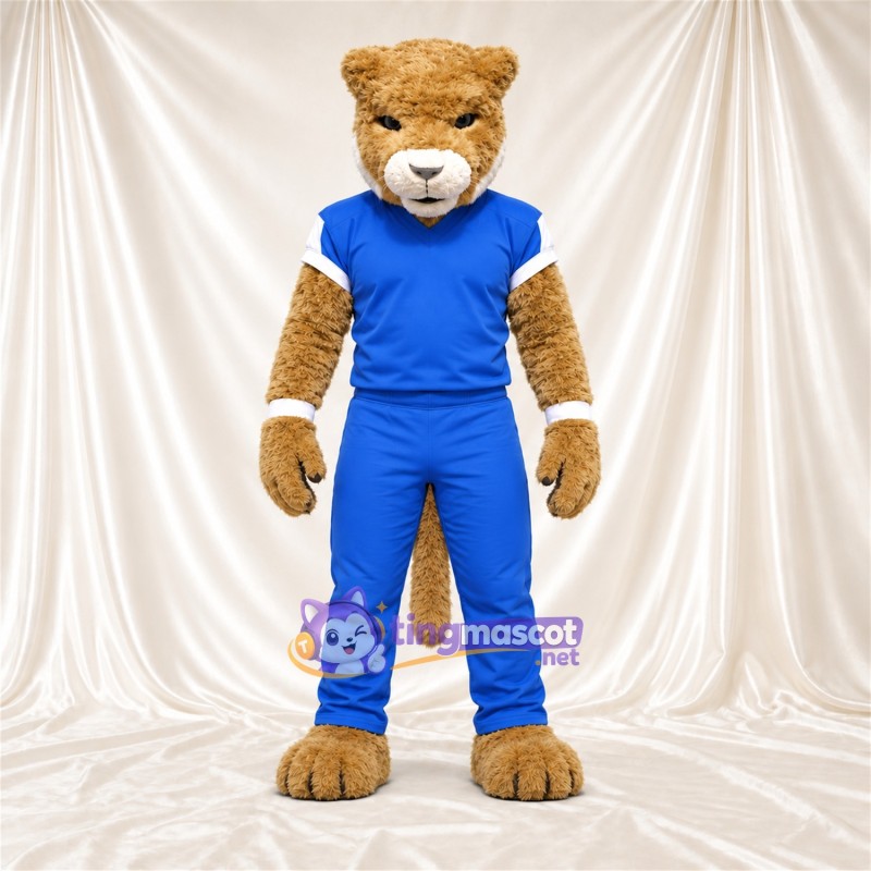 Costume de mascotte Chat – brun clair – Tenue de sport (bleu) Costume de mascotte Chat – brun clair – Tenue de sport (bleu)