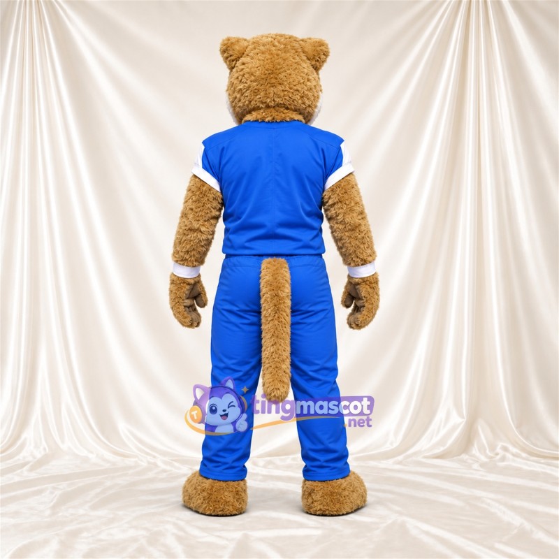 Costume de mascotte Chat – brun clair – Tenue de sport (bleu) Costume de mascotte Chat – brun clair – Tenue de sport (bleu)
