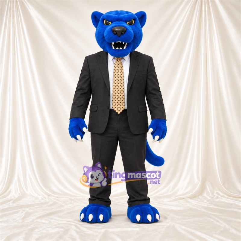 Costume de mascotte Chat sauvage – bleu – Costume (noir); Cravate (doré) Costume de mascotte Chat sauvage – bleu – Costume (noir); Cravate (doré)