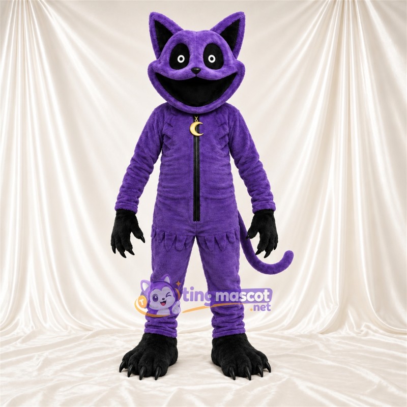 Costume de mascotte Chat – violet / noir – Collier en croissant de lune Costume de mascotte Chat – violet / noir – Collier en croissant de lune