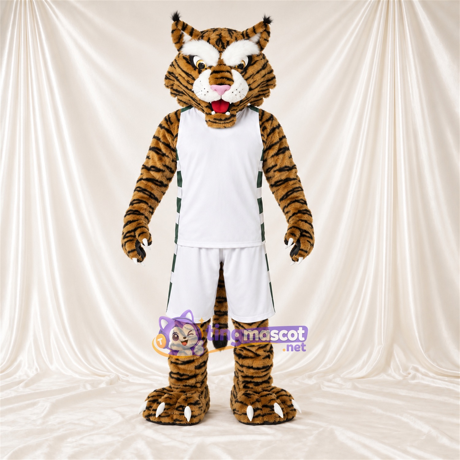 Costume de mascotte Tigre – orange / noir – Tenue de basket (blanc) Costume de mascotte Tigre – orange / noir – Tenue de basket (blanc)