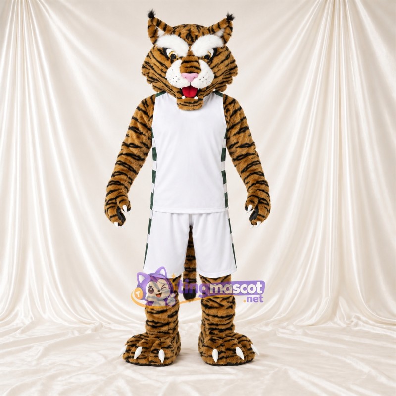 Costume de mascotte Tigre – orange / noir – Tenue de basket (blanc) Costume de mascotte Tigre – orange / noir – Tenue de basket (blanc)