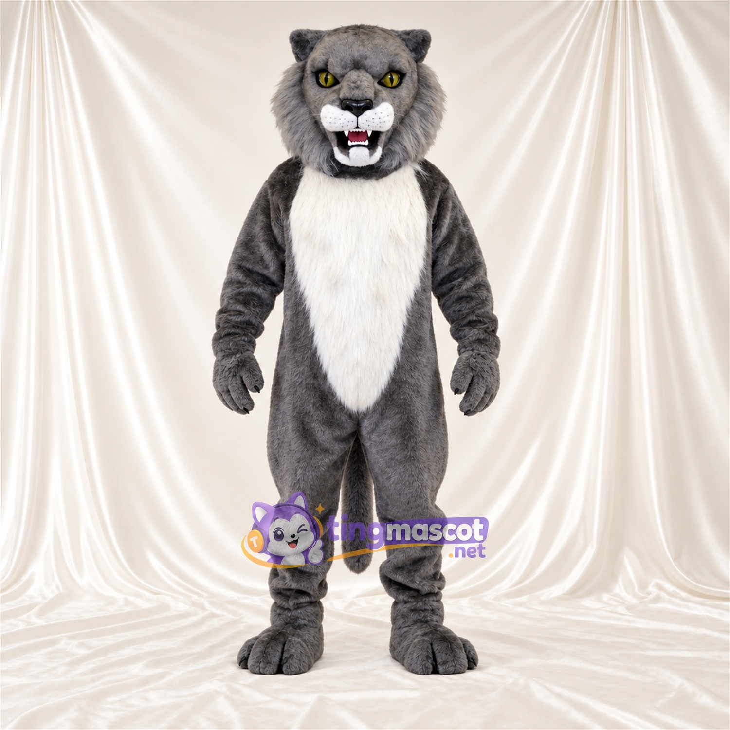 Costume de mascotte Chat sauvage – gris / blanc – Ventre (blanc); Yeux (jaune) Costume de mascotte Chat sauvage – gris / blanc – Ventre (blanc); Yeux (jaune)