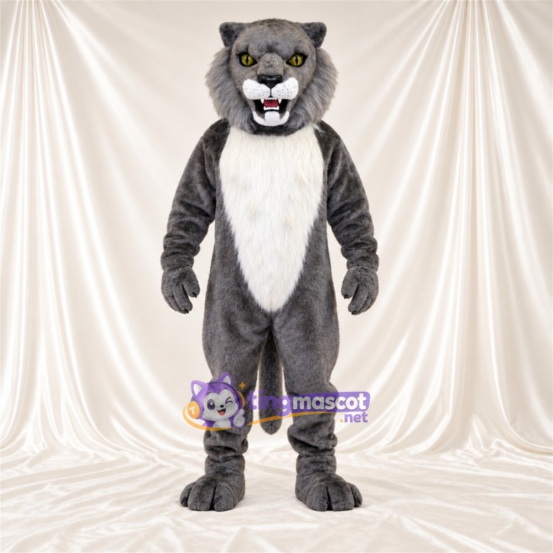 Costume de mascotte Chat sauvage – gris / blanc – Ventre (blanc); Yeux (jaune) Costume de mascotte Chat sauvage – gris / blanc – Ventre (blanc); Yeux (jaune)