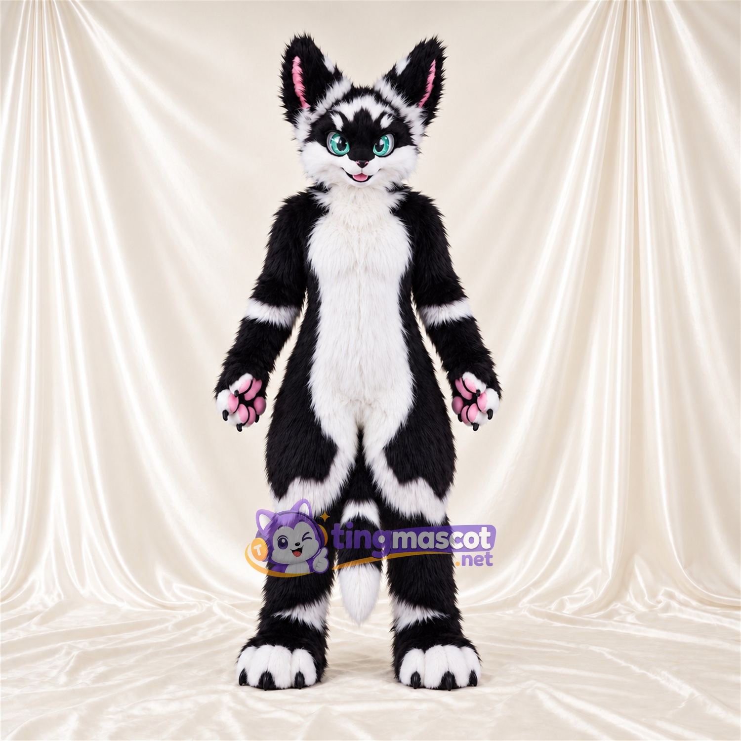 Black and White Husky Mascot Costume - Pink Paw Pads and Green Eyes Black and White Husky Mascot Costume - Pink Paw Pads and Green Eyes