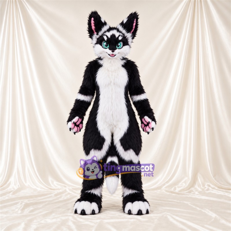 Black and White Husky Mascot Costume - Pink Paw Pads and Green Eyes Black and White Husky Mascot Costume - Pink Paw Pads and Green Eyes