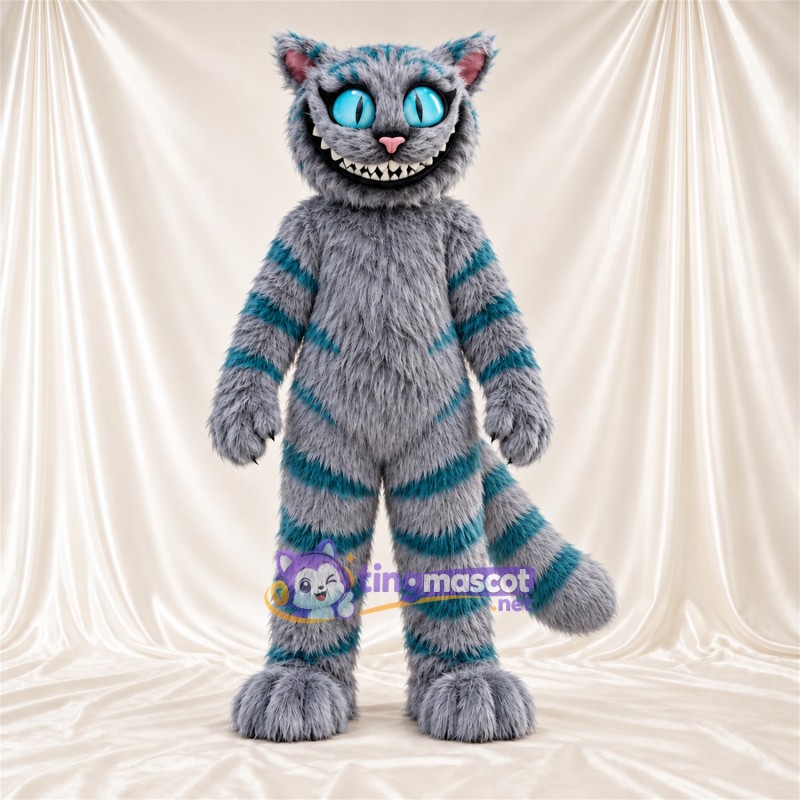 Costume de mascotte Chat du Cheshire – gris / bleu canard – Fourrure; Queue enroulée Costume de mascotte Chat du Cheshire – gris / bleu canard – Fourrure; Queue enroulée