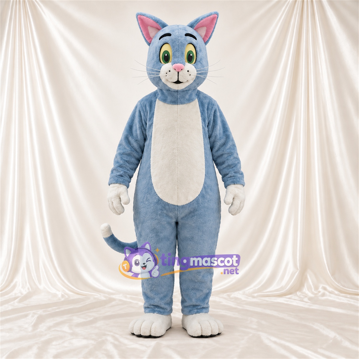 Costume de mascotte Chat – gris / blanc – Gants (blanc); Yeux (vert) Costume de mascotte Chat – gris / blanc – Gants (blanc); Yeux (vert)