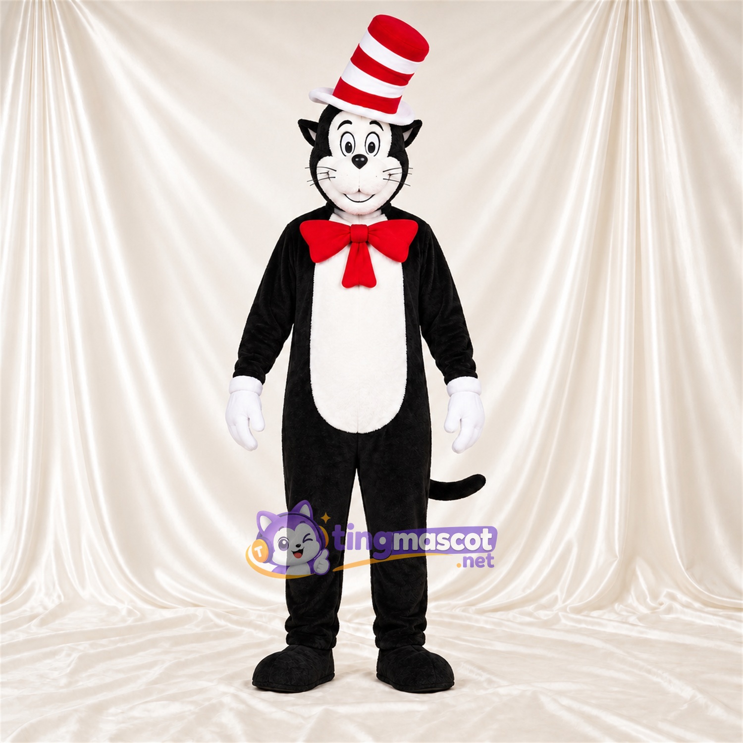 Black and White Cat Mascot Costume - Red Bow Tie and Red and White Striped Top Hat, White Belly and White Gloves Black and White Cat Mascot Costume - Red Bow Tie and Red and White Striped Top Hat, White Belly and White Gloves