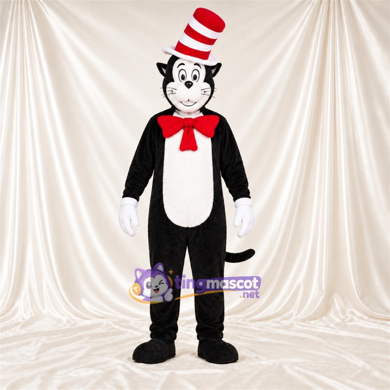 Black and White Cat Mascot Costume - Red Bow Tie and Red and White Striped Top Hat, White Belly and White Gloves Black and White Cat Mascot Costume - Red Bow Tie and Red and White Striped Top Hat, White Belly and White Gloves