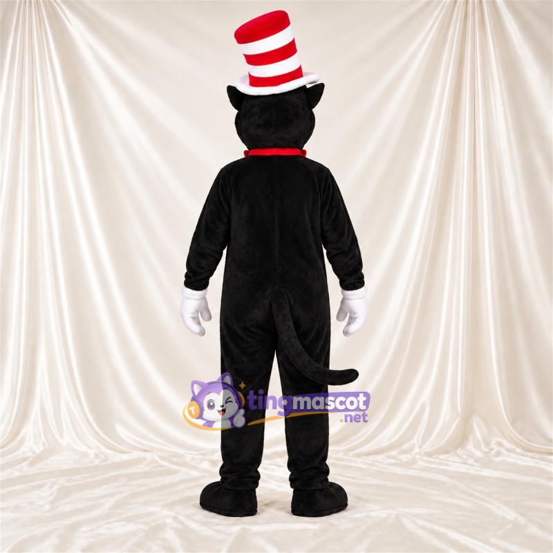 Black and White Cat Mascot Costume - Red Bow Tie and Red and White Striped Top Hat, White Belly and White Gloves Black and White Cat Mascot Costume - Red Bow Tie and Red and White Striped Top Hat, White Belly and White Gloves
