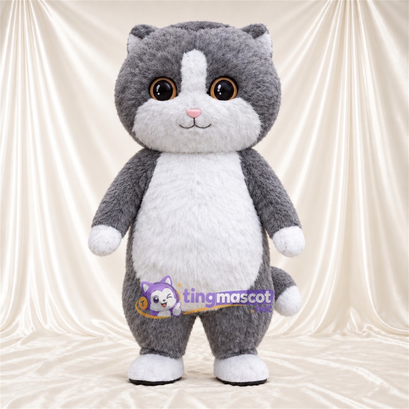Costume de mascotte Chat – gris / blanc – Ventre rond; Bout de la queue (blanc) Costume de mascotte Chat – gris / blanc – Ventre rond; Bout de la queue (blanc)