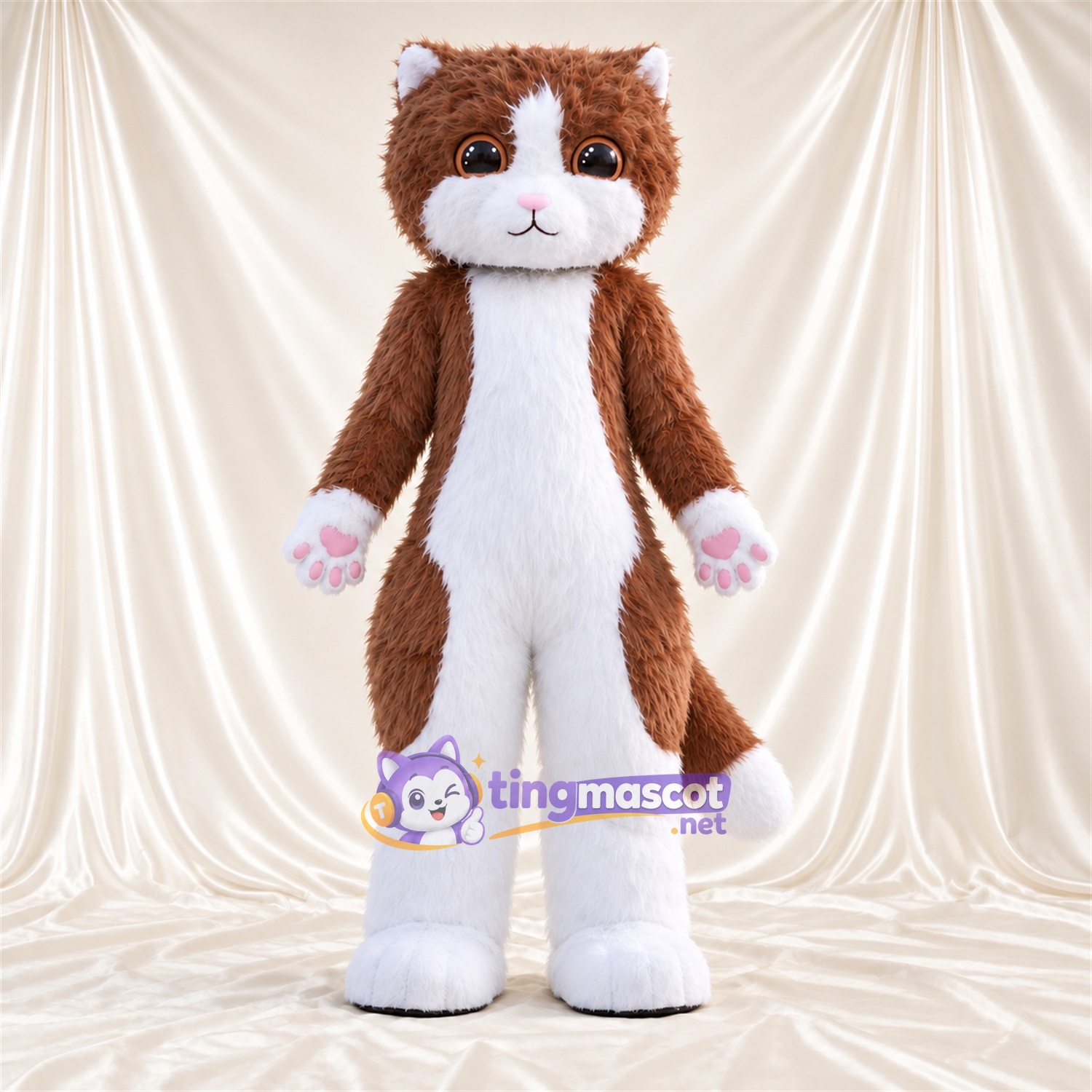 Costume de mascotte Chat – marron – Coussinets (rose); Bas des jambes (blanc) Costume de mascotte Chat – marron – Coussinets (rose); Bas des jambes (blanc)