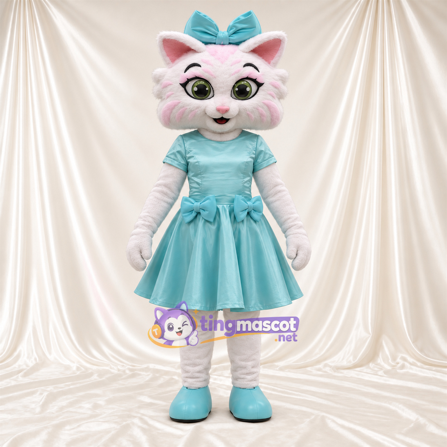 Costume de mascotte Chat – blanc – Robe (bleu clair); Nœud Costume de mascotte Chat – blanc – Robe (bleu clair); Nœud