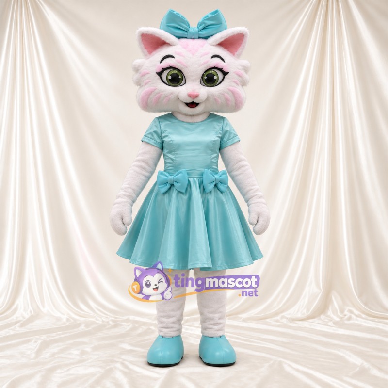 Costume de mascotte Chat – blanc – Robe (bleu clair); Nœud Costume de mascotte Chat – blanc – Robe (bleu clair); Nœud