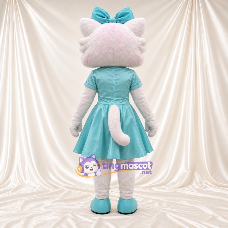 Costume de mascotte Chat – blanc – Robe (bleu clair); Nœud Costume de mascotte Chat – blanc – Robe (bleu clair); Nœud