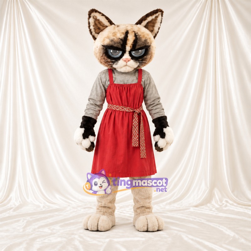 Costume de mascotte Chat siamois – crème / marron – Tablier (rouge) Costume de mascotte Chat siamois – crème / marron – Tablier (rouge)