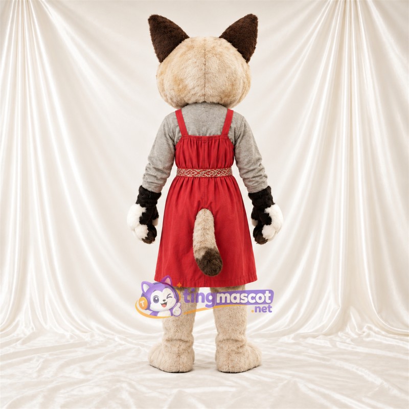 Costume de mascotte Chat siamois – crème / marron – Tablier (rouge) Costume de mascotte Chat siamois – crème / marron – Tablier (rouge)