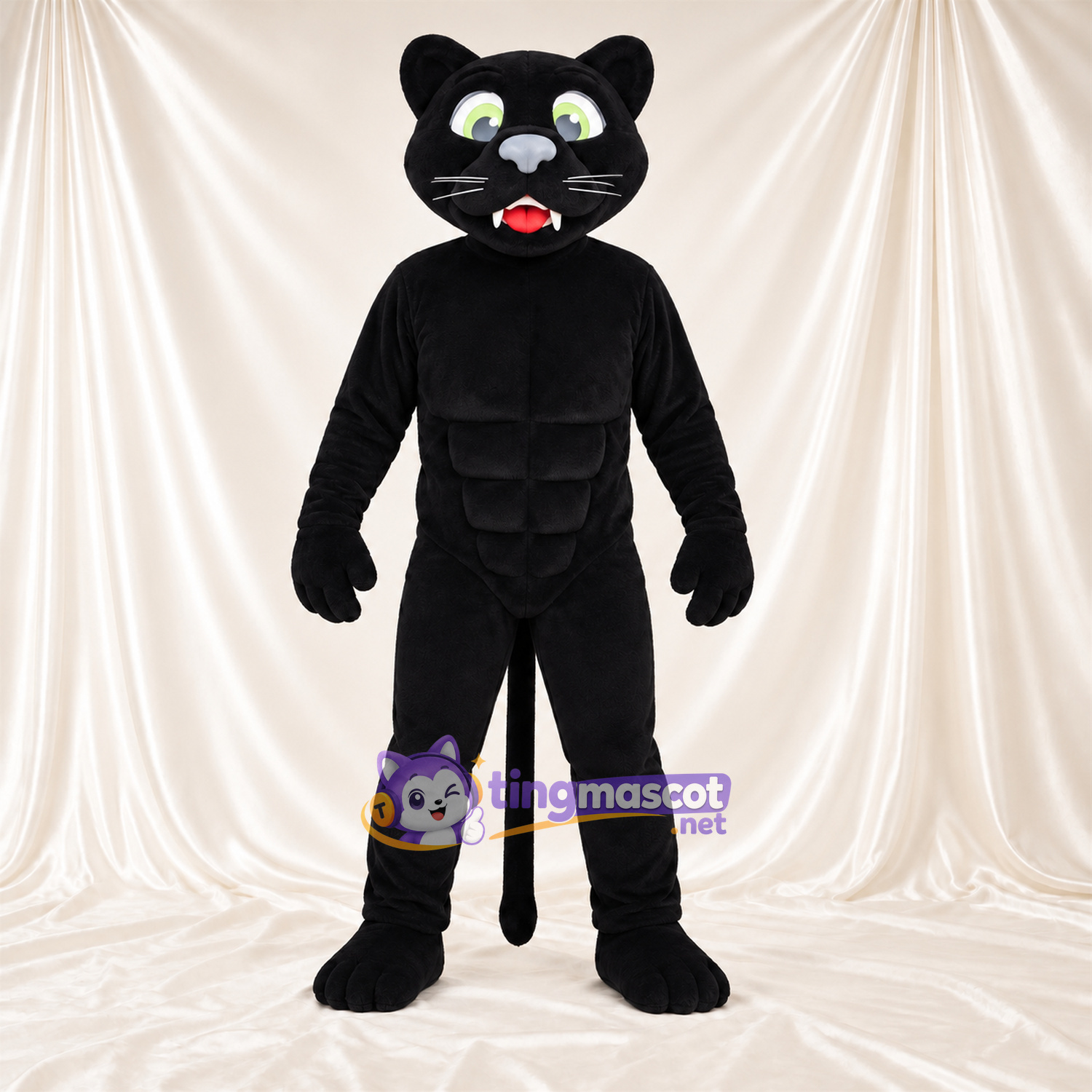 Costume de mascotte Chat – noir – Torse musclé; Yeux (vert) Costume de mascotte Chat – noir – Torse musclé; Yeux (vert)