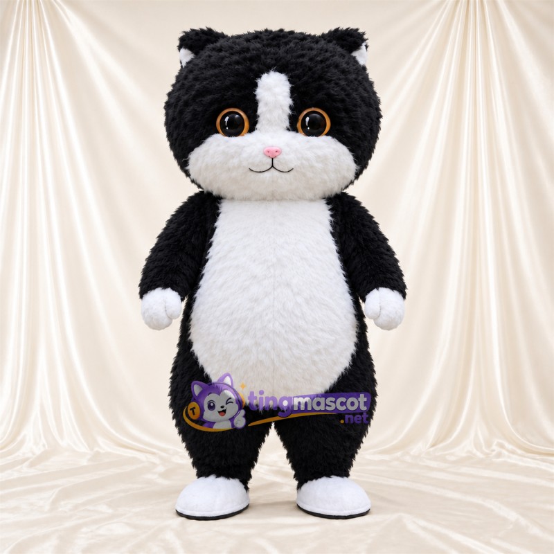Costume de mascotte Chat – noir / blanc – Ventre rond; Ventre (blanc) Costume de mascotte Chat – noir / blanc – Ventre rond; Ventre (blanc)