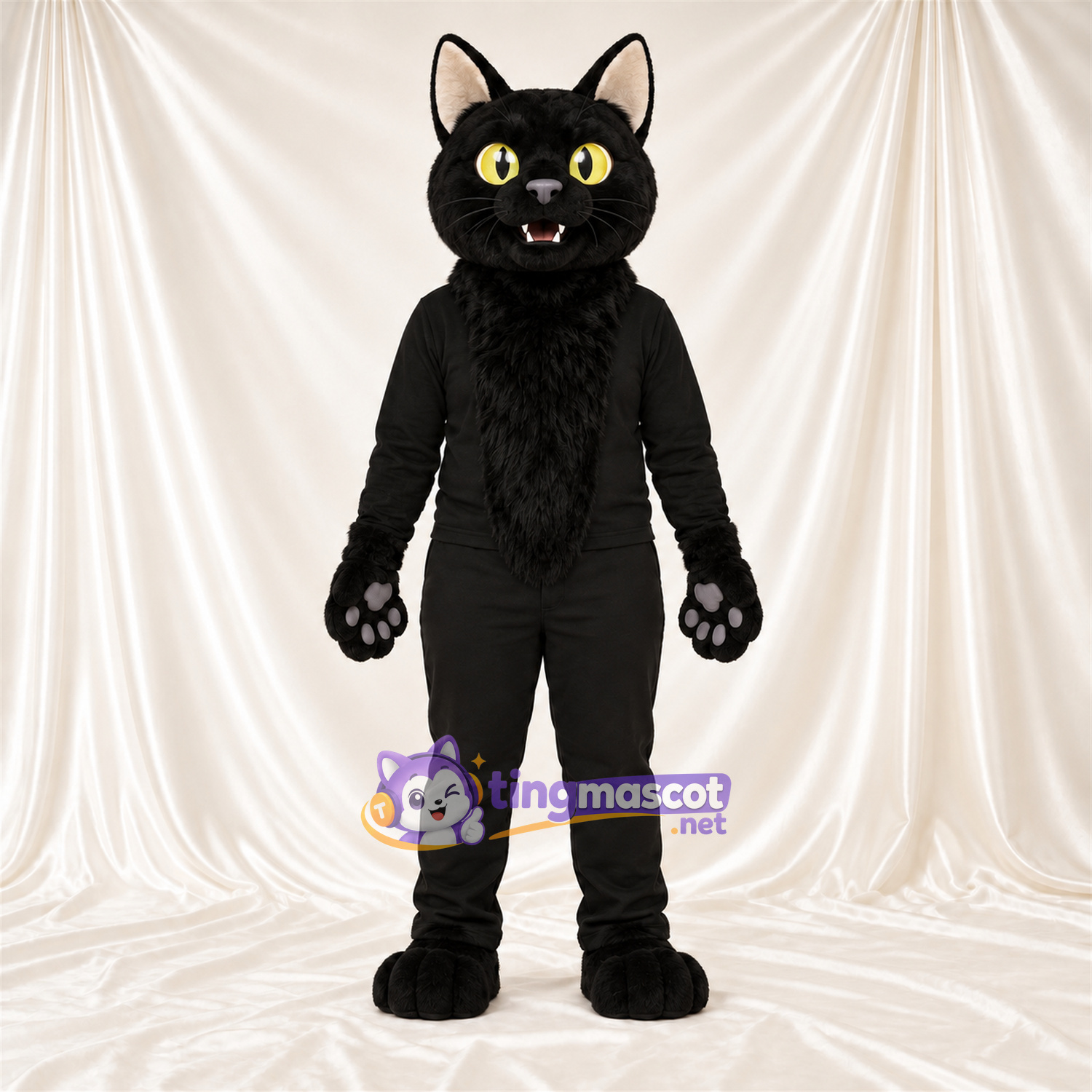 Costume de mascotte Chat – noir – Coussinets (gris); Yeux (jaune) Costume de mascotte Chat – noir – Coussinets (gris); Yeux (jaune)
