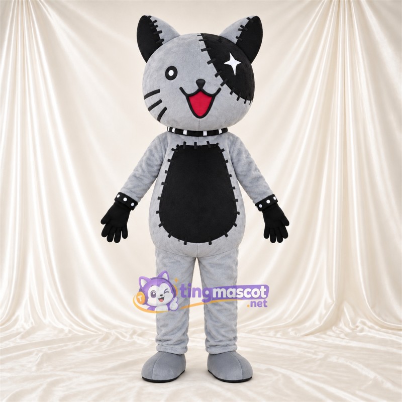 Costume de mascotte Chat – gris / noir – Motif de pièces cousues Costume de mascotte Chat – gris / noir – Motif de pièces cousues