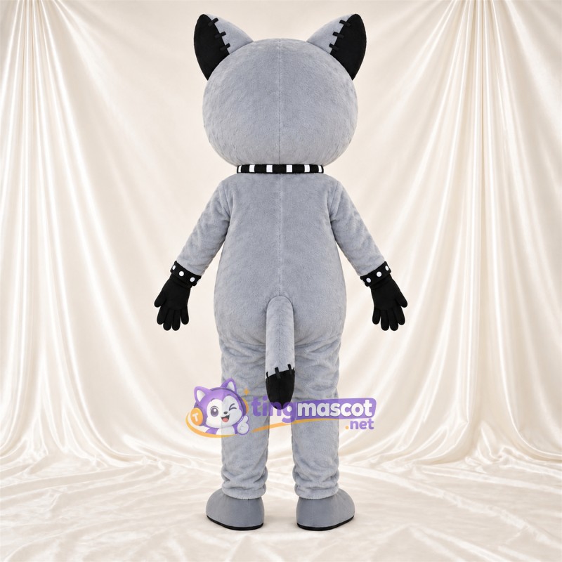 Costume de mascotte Chat – gris / noir – Motif de pièces cousues Costume de mascotte Chat – gris / noir – Motif de pièces cousues