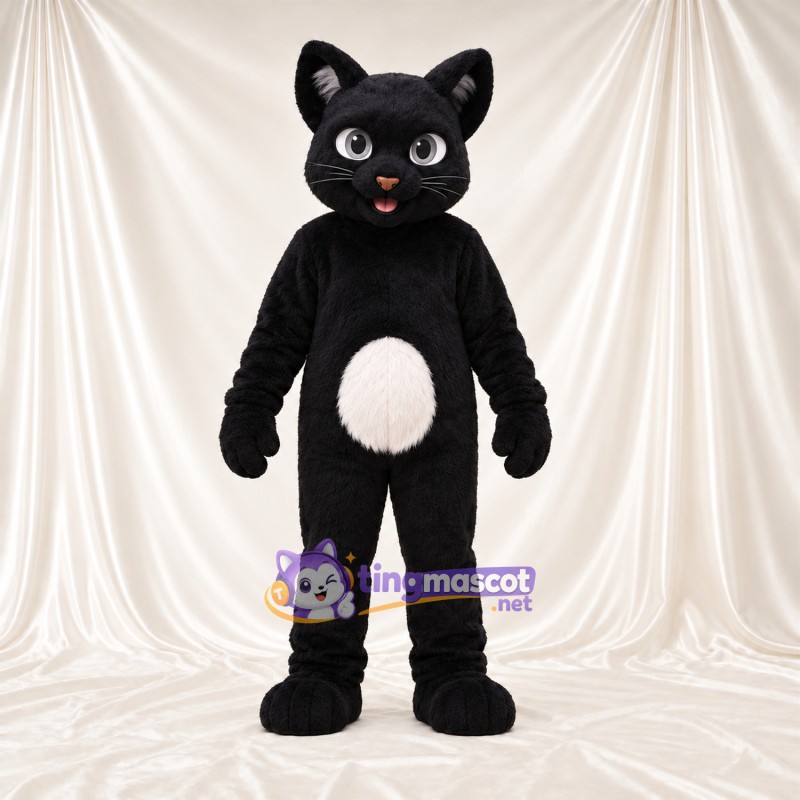 Costume de mascotte Chat – noir – Ventre rond; Ventre (blanc) Costume de mascotte Chat – noir – Ventre rond; Ventre (blanc)