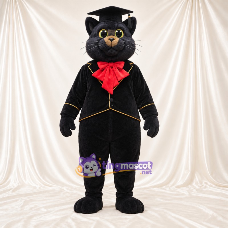 Costume de mascotte Chat – noir – Coiffe de diplômé (noir); Veste Costume de mascotte Chat – noir – Coiffe de diplômé (noir); Veste