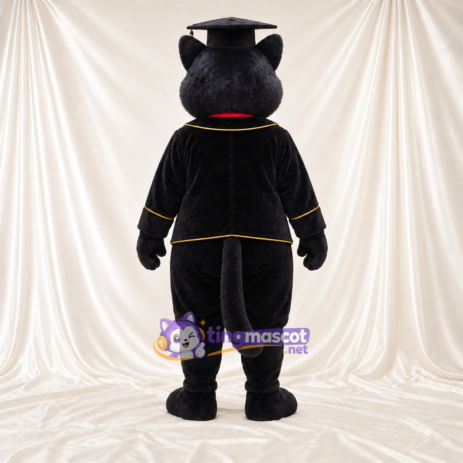 Costume de mascotte Chat – noir – Coiffe de diplômé (noir); Veste Costume de mascotte Chat – noir – Coiffe de diplômé (noir); Veste