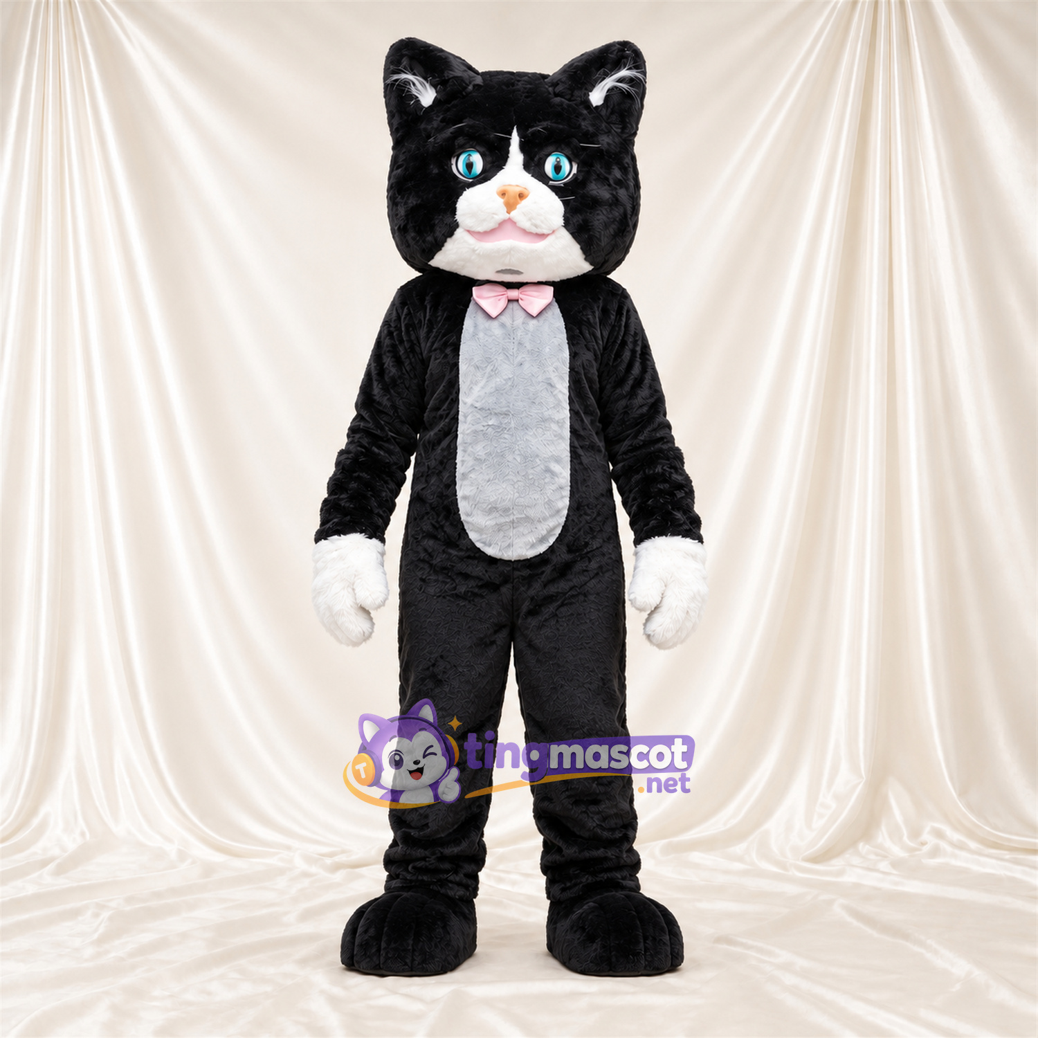 Black and White Cat Mascot Costume - Pink Bow Tie Black and White Cat Mascot Costume - Pink Bow Tie