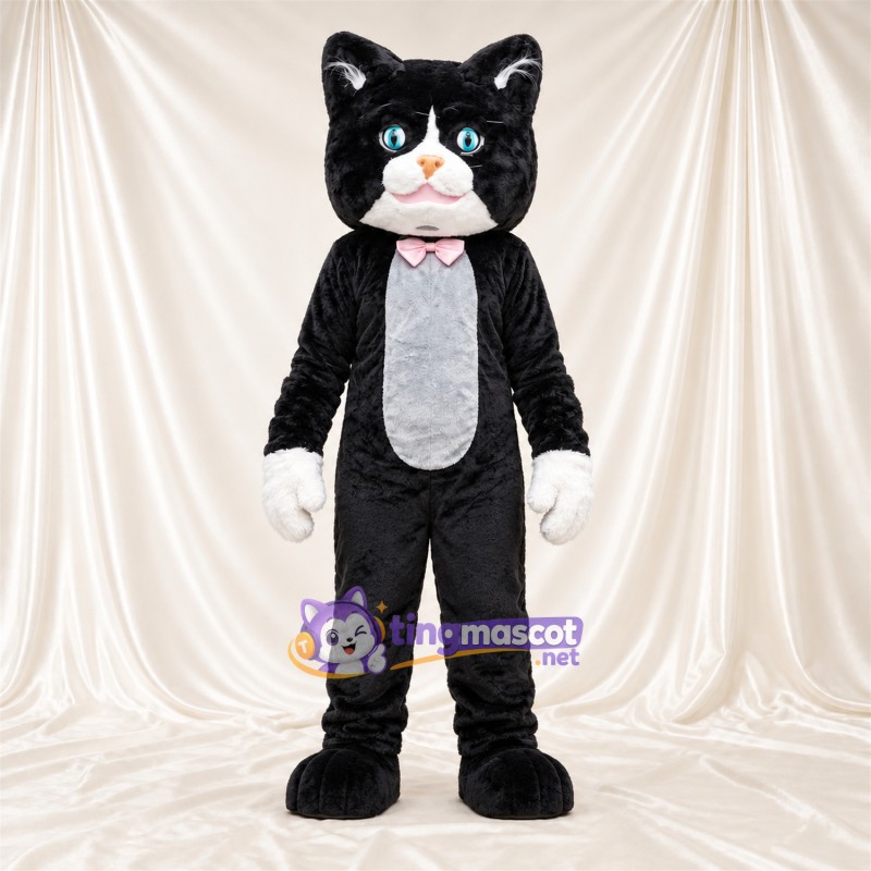 Black and White Cat Mascot Costume - Pink Bow Tie Black and White Cat Mascot Costume - Pink Bow Tie