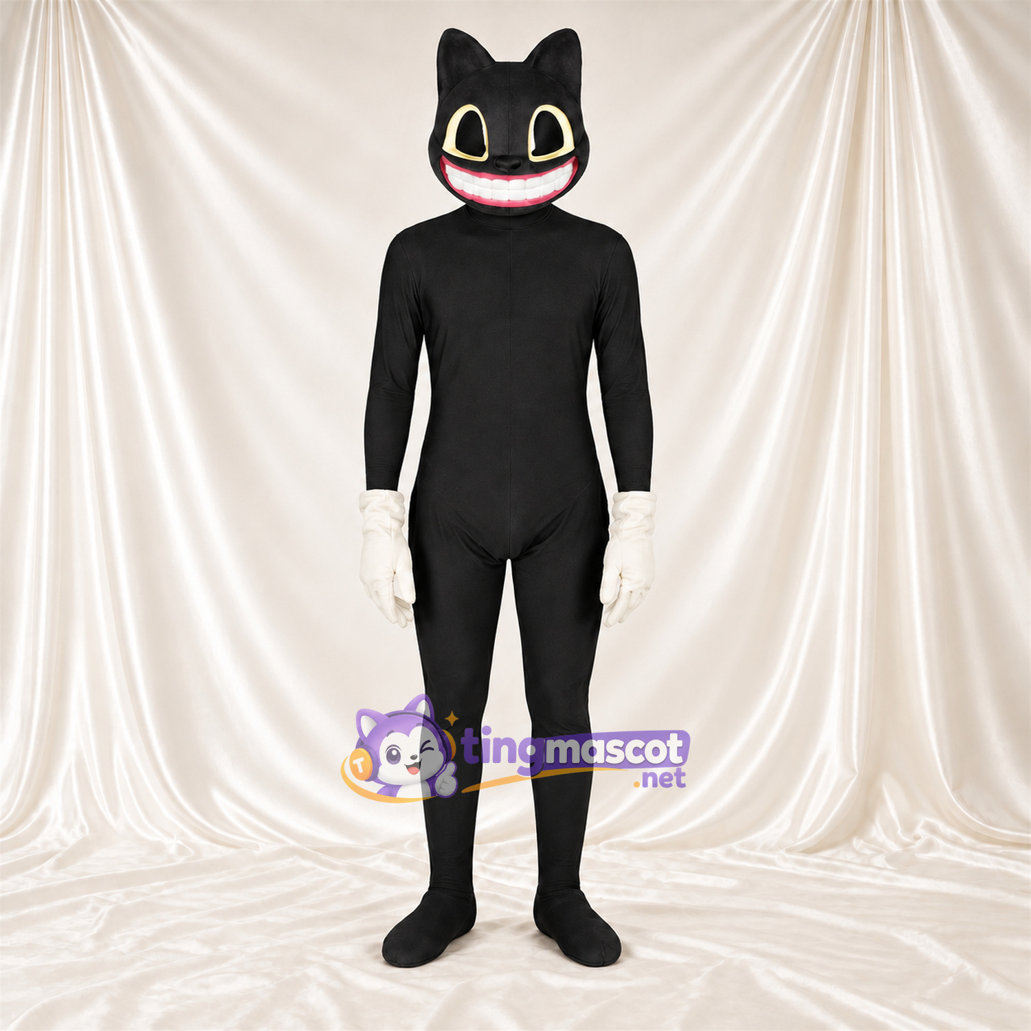 Costume de mascotte Chat – noir – Mains (blanc); Sourire avec dents Costume de mascotte Chat – noir – Mains (blanc); Sourire avec dents