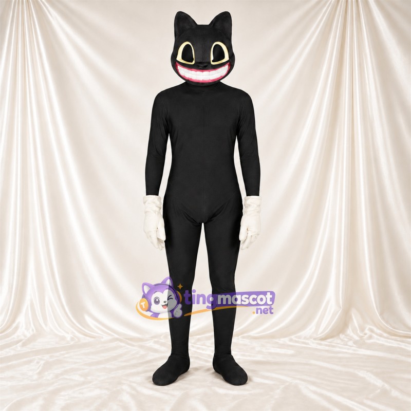 Costume de mascotte Chat – noir – Mains (blanc); Sourire avec dents Costume de mascotte Chat – noir – Mains (blanc); Sourire avec dents
