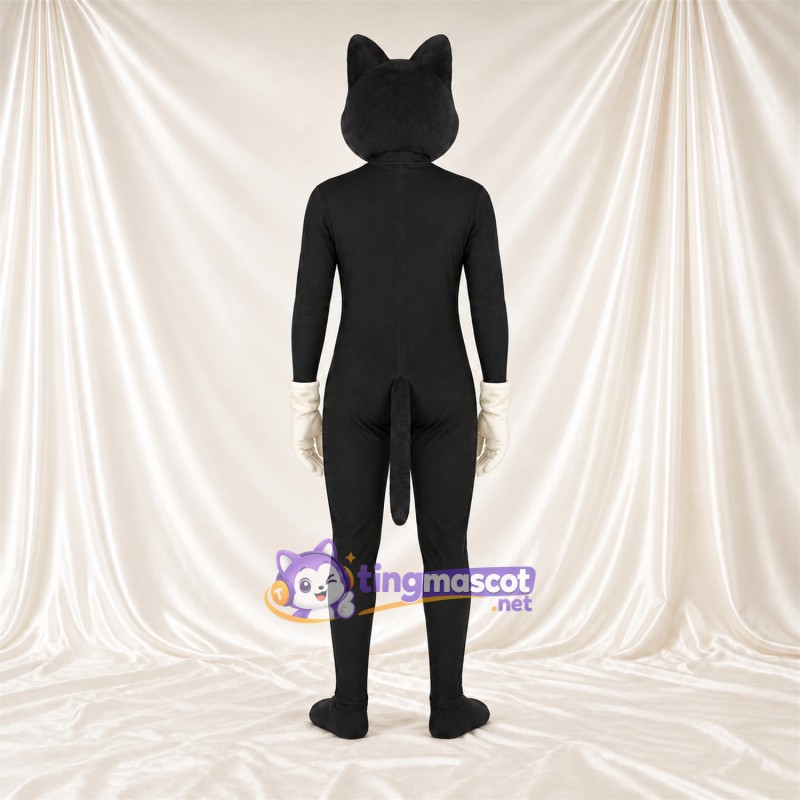 Costume de mascotte Chat – noir – Mains (blanc); Sourire avec dents Costume de mascotte Chat – noir – Mains (blanc); Sourire avec dents