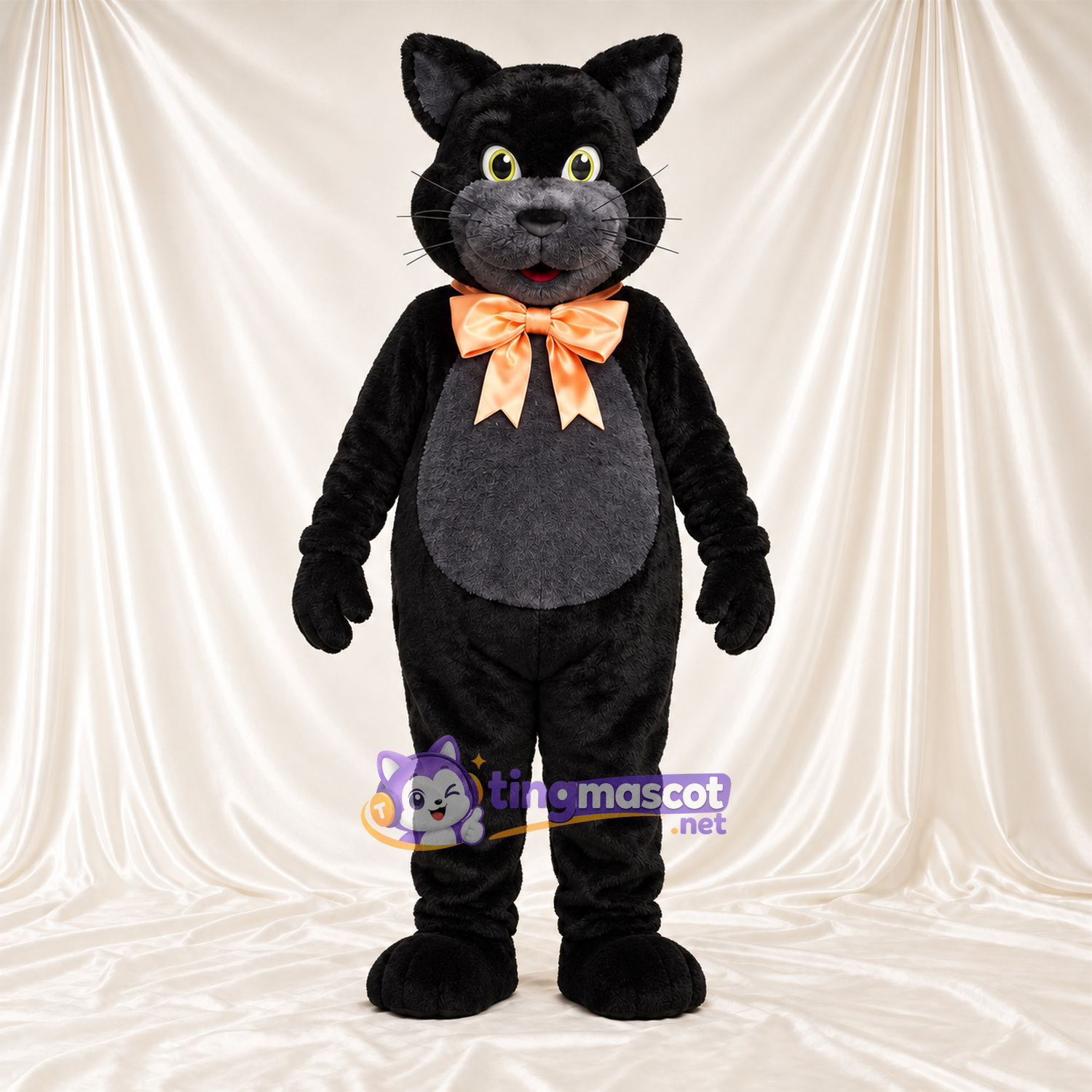Black and Gray Cat Mascot Costume - Orange Bow Tie Black and Gray Cat Mascot Costume - Orange Bow Tie