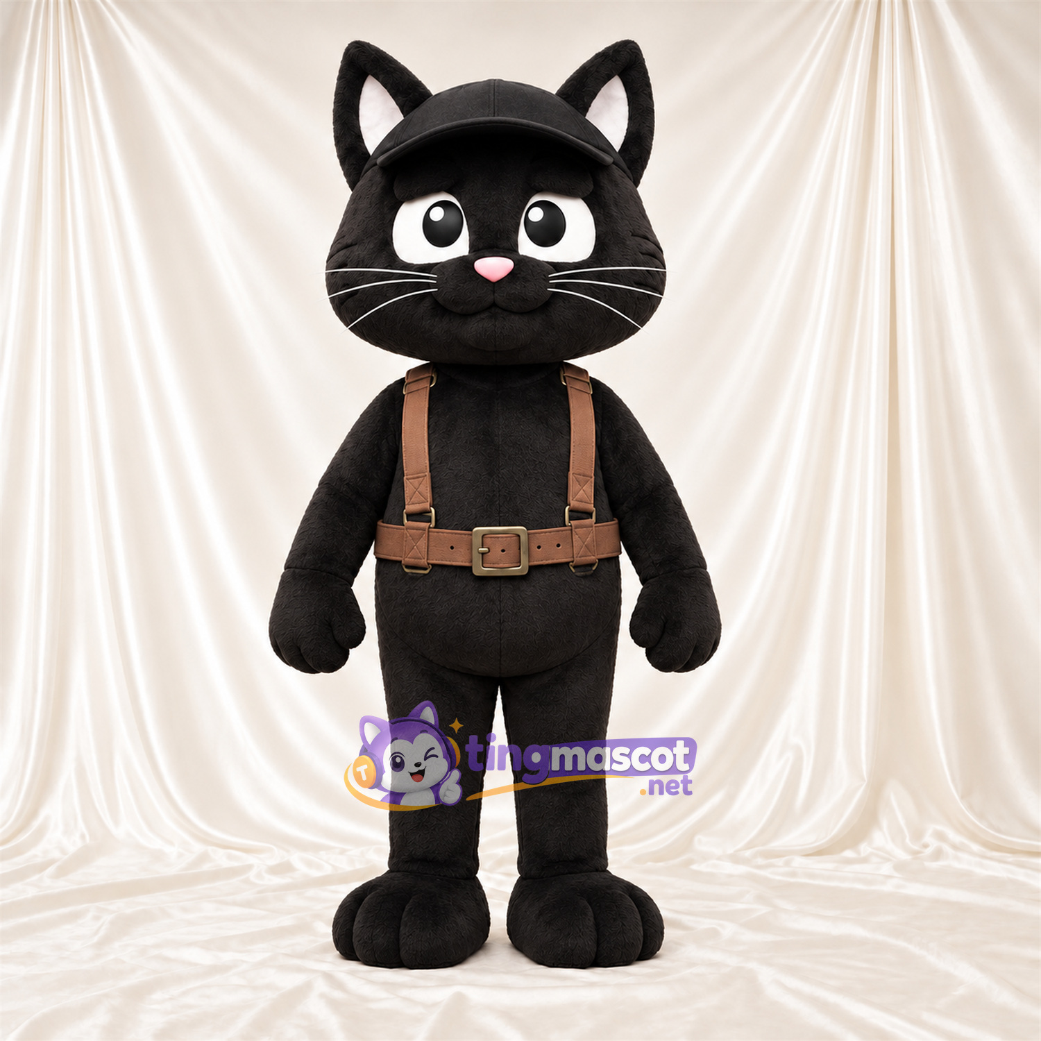 Costume de mascotte Chat – noir – Harnais (marron); Casquette (noir) Costume de mascotte Chat – noir – Harnais (marron); Casquette (noir)