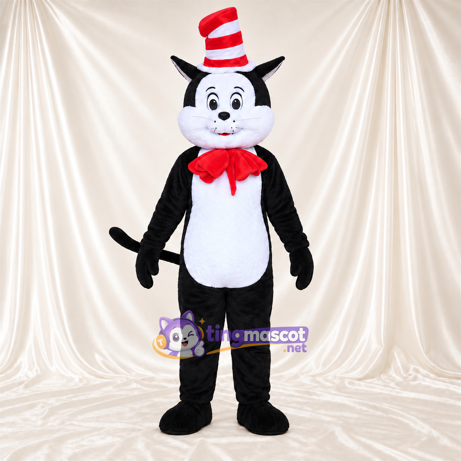 Black and White Cat Mascot Costume - Red Bow Tie and Red and White Striped Top Hat, White Belly and Curled Tail Black and White Cat Mascot Costume - Red Bow Tie and Red and White Striped Top Hat, White Belly and Curled Tail